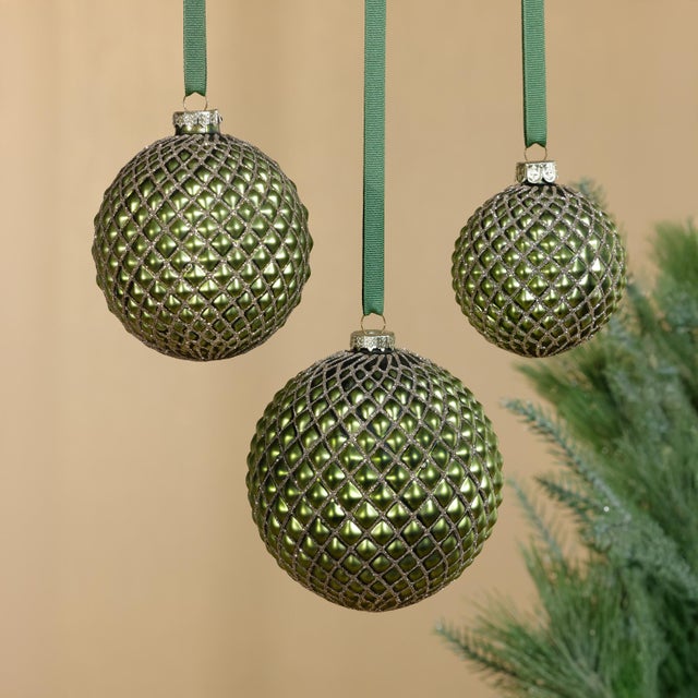 Contemporary Metallic Matte Green Ball Ornaments, Set of 6, 4" For Sale - Image 3 of 3