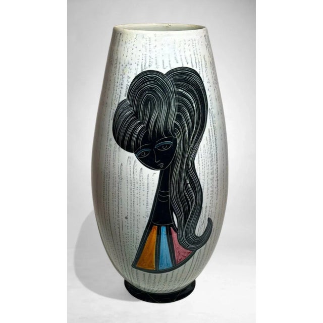 Mid-Century Modern 1960s Mid-Century Modern Ceramic Vase With Stylized Girl and Geometric Motifs For Sale - Image 3 of 18