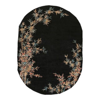 1920s Black Open Field Antique Artistic Art Deco Bamboo Design Chinese Oval Rug For Sale