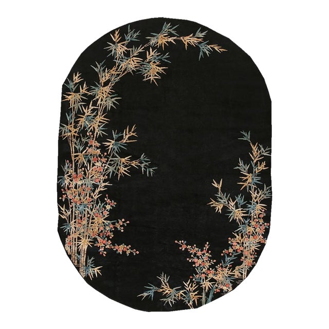 1920s Black Open Field Antique Artistic Art Deco Bamboo Design Chinese Oval Rug For Sale