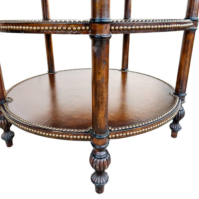 Vintage Regency Leather & Brass 3-Tier Round Center Table - Attributed to Maitland-Smith For Sale - Image 9 of 10