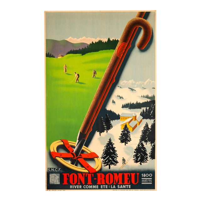 Font-Romeu — Hiver Comme Ete: La Sante — SNCF — 1937 Ski & Golf Poster For Sale