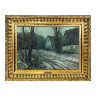 Mid 20th Century Modern Impressionist Scandinavian Village Painting Signed in Fluted Cove Frame For Sale