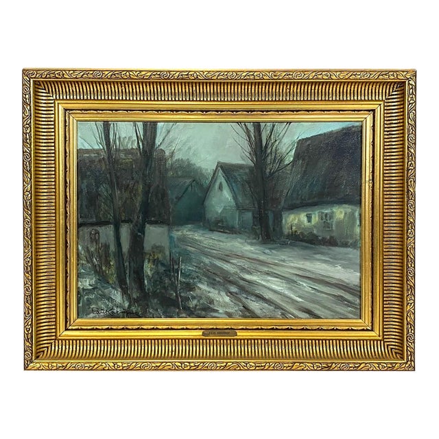 Mid 20th Century Modern Impressionist Scandinavian Village Painting Signed in Fluted Cove Frame For Sale