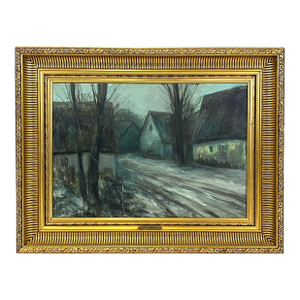 Mid 20th Century Modern Impressionist Scandinavian Village Painting Signed in Fluted Cove Frame