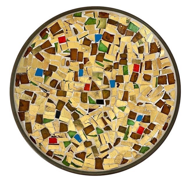 Mid-Century Modern Vintage Pique Assiette Gold, Brown Mosaic 12" Brass Bowl. For Sale - Image 3 of 5