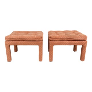 Vintage Patterned Persimmon Parsons Ottomans Stools, a Pair For Sale