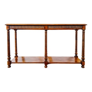Vintage Neoclassical Two-Tier Sofa Walnut Table With Inset Glass Top & Fluted Legs For Sale