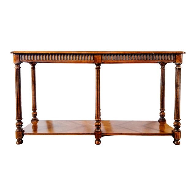 Vintage Neoclassical Two-Tier Sofa Walnut Table With Inset Glass Top & Fluted Legs For Sale