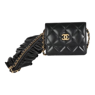 Black Quilted Lambskin Ruffled Card Holder On Chain For Sale