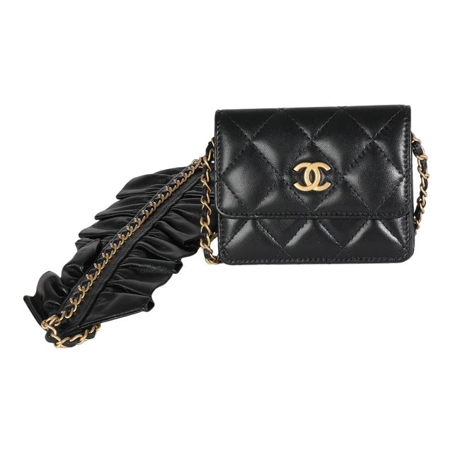 Black Quilted Lambskin Ruffled Card Holder On Chain For Sale