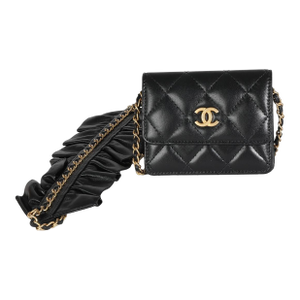 Black Quilted Lambskin Ruffled Card Holder On Chain