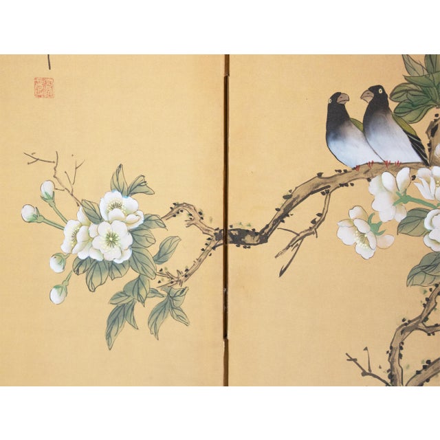 Circa 1970s Chinoiserie Style Painted Silk Screen "Peacock and Magnolia" For Sale - Image 4 of 18