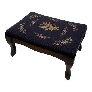 Mid 20th Century Vintage Black Floral Needlepoint Footstool For Sale