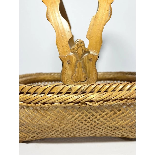 Vintage American Handmade Woven Rattan Wicker Gathering Handled Basket For Sale - Image 4 of 11