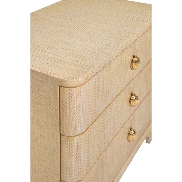 Worlds Away Matthew Izzo Home Fortune Natural Grasscloth Three Drawer Side Table With Brass Beetle Knobs For Sale - Image 4 of 12