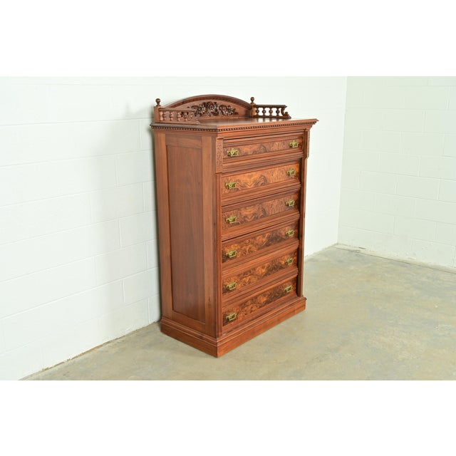 Herter Brothers Herter Brothers Style Antique Eastlake Victorian Carved Walnut and Burl Wood Highboy Dresser, Circa 1880s For Sale - Image 4 of 17
