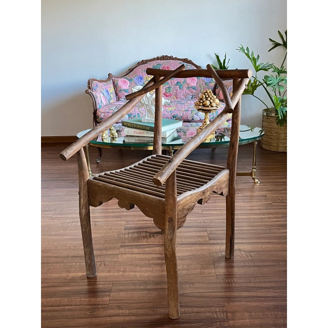 Brown Antique Handmade Wood Chair with Slat Seat For Sale - Image 8 of 13