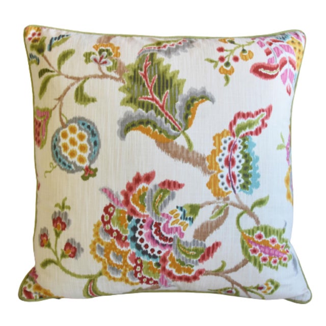 Custom-tailored designer, colorful, floral, botanical linen fabric pillow. Green cotton-velvet on the reverse. Custom cord...
