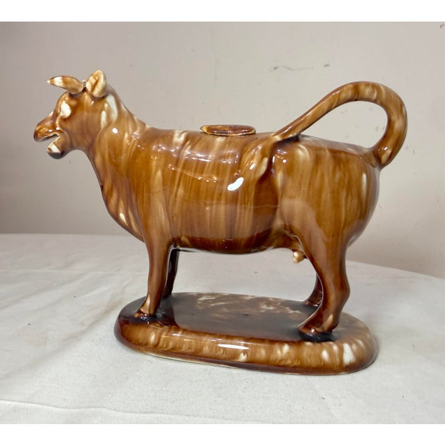 19th Century Rare Early Antique Staffordshire Pottery Brown Drip Glaze Cow Creamer Sculpture For Sale - Image 12 of 17