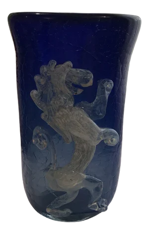 Vintage Art Blue Crackle Glass Vase With Lion Motif France C.1960
