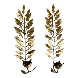 Vintage Italian Gilt Tole Oak Leaf Wall Candle Sconces, Pair For Sale