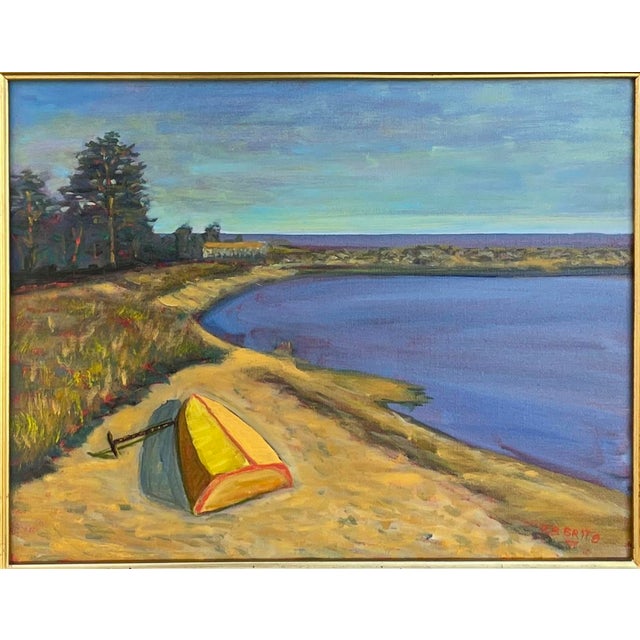 This is a wonderful oil on linen tranquil impressionistic seascape framed in a gold-colored metallic frame. ============...