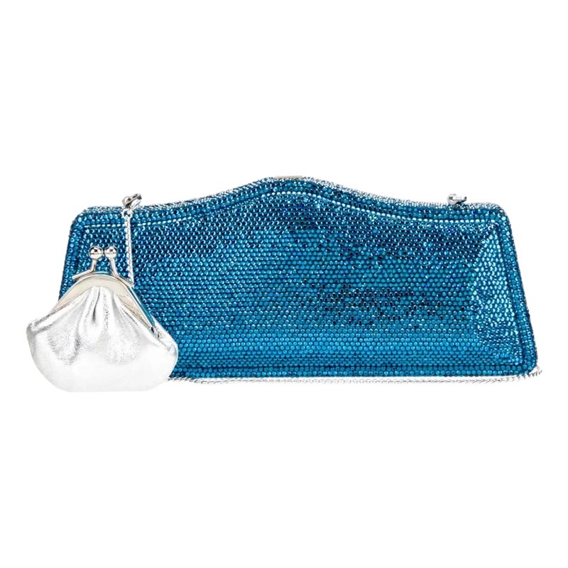 1990s Judith Leiber Turquoise Cerulean Blue Evening Crystals Clutch Shoulder Bag Arched Top
