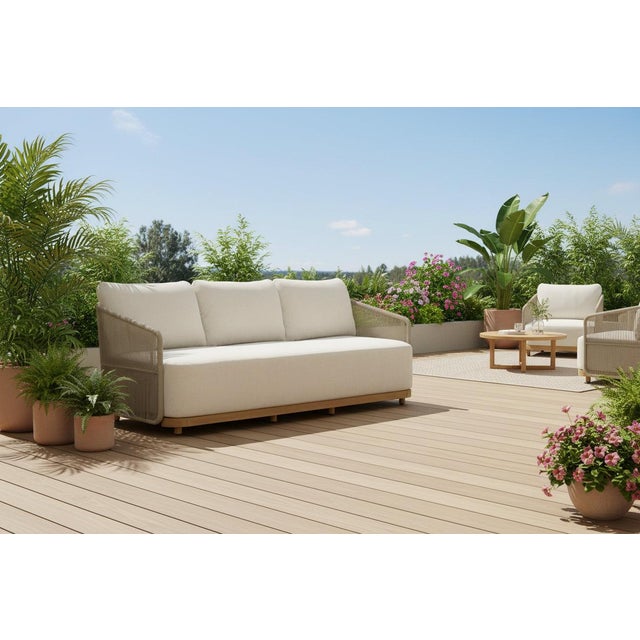 Alpine Teak Wood Outdoor Sofa With Biege Rope Design For Sale - Image 4 of 12