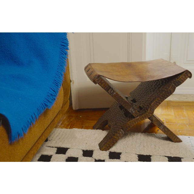 Brown Brutalist Folding Stool in Leather, 1950s For Sale - Image 8 of 18