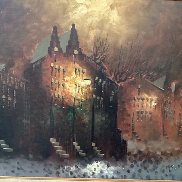 Vintage Oil Painting on Canvas "City Motif at Dusk" Signed Framed For Sale - Image 11 of 12