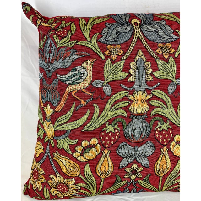 20" Square Decorative Pillow With a Renaissance Style Floral, Fruit & Bird Tapestry-Look Pattern on a Rich Red Background - Made in the U K For Sale - Image 4 of 12