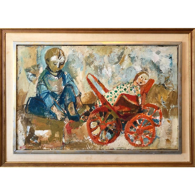 Large magnificent colorful Ruth Schloss oil painting of a child with a wagon with a doll or a baby in a carriage...