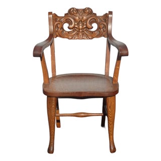 Vintage French Country Brown Oak Carved Arm Chair by Eldredge Co. For Sale