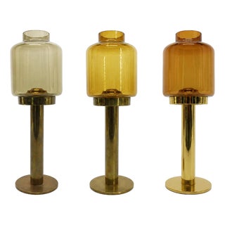 Large Swedish Model L-102/32 Claudia Candlesticks in Brass and Tinted Glass by Hans-Agne Jakobsson for Markaryd, 1960s, Set of 3 For Sale