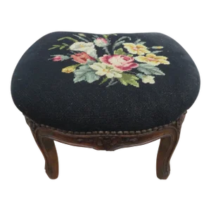 Early 1900s Needlepoint Tapestry Ottoman Footstool Small Bench