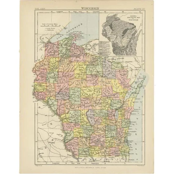 Antique Map of Wisconsin, 1888 For Sale