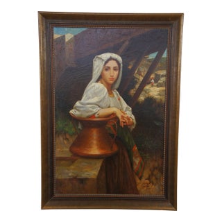 Late 20th Century Italian Girl Drawing Water Oil Painting After William Adolphe Bouguereau For Sale