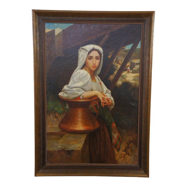 Late 20th Century Italian Girl Drawing Water Oil Painting After William Adolphe Bouguereau For Sale