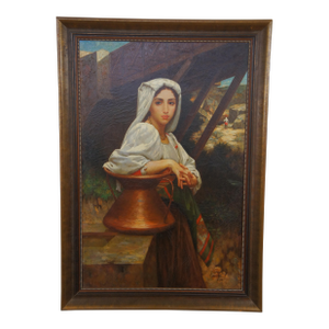 Late 20th Century Italian Girl Drawing Water Oil Painting After William Adolphe Bouguereau