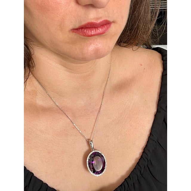 68 Carat Amethyst & 2.2 ct Diamond Pendant Necklace 14 Karat White Gold + Chain For Sale - Image 10 of 18