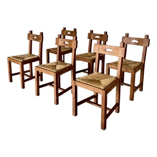 Brutalist Rustic Oak and Rush Dining Chair Set, Belgium, 1960s, Set of 6 For Sale