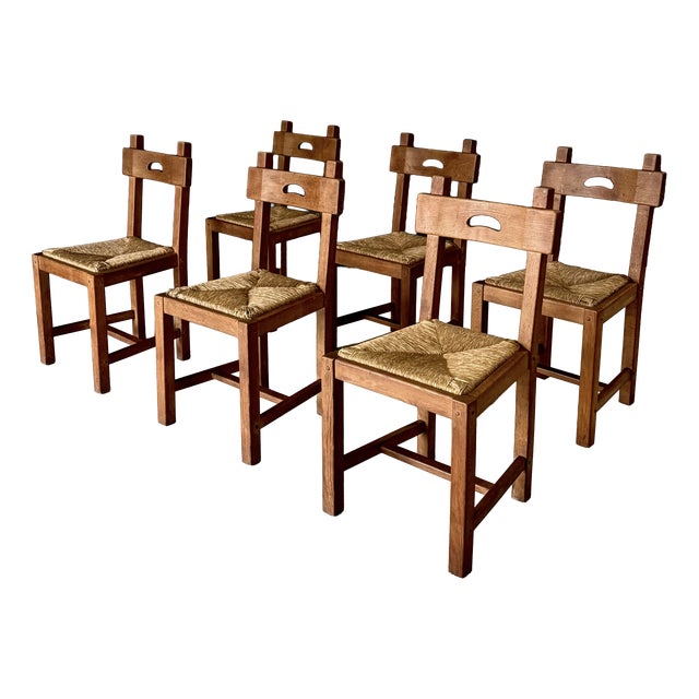 Brutalist Rustic Oak and Rush Dining Chair Set, Belgium, 1960s, Set of 6 For Sale