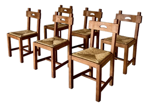 Brutalist Rustic Oak and Rush Dining Chair Set, Belgium, 1960s, Set of 6