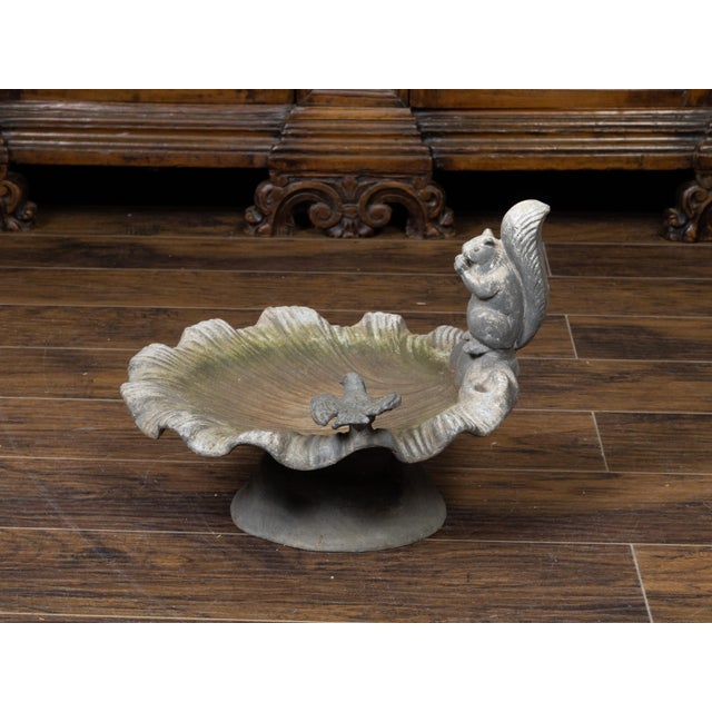 Gray English Midcentury Lead Bird Bath Depicting a Shell with Squirrel and Bird For Sale - Image 8 of 10