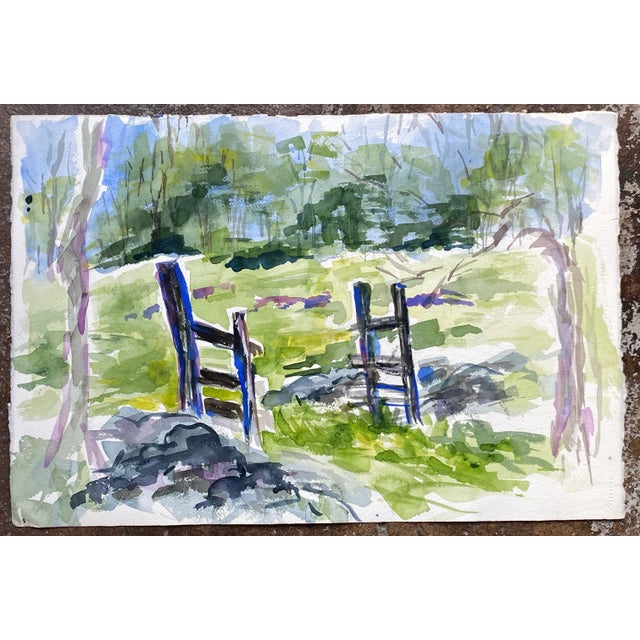 Impressionist waterway watercolor by Deerfield Valley Art Association artist Martha Luey Stiles (born 1944). Unsigned,...