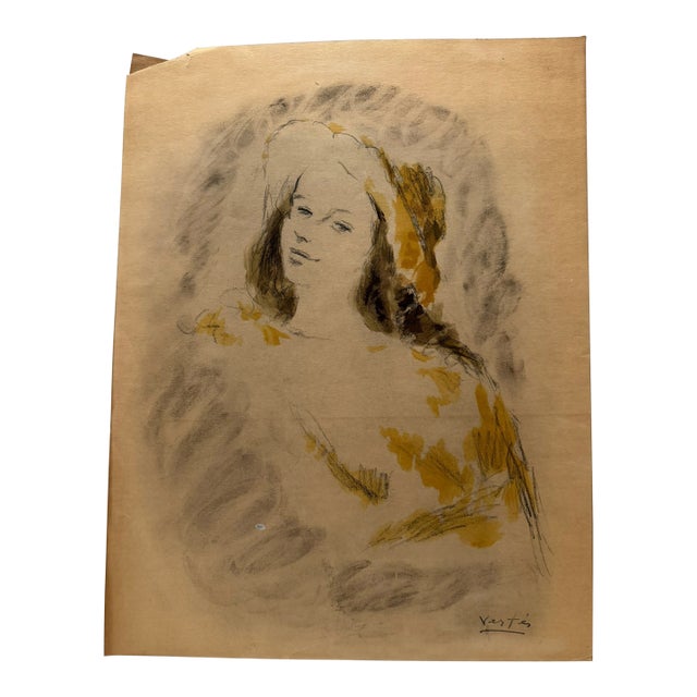 Mid 20th Century André Vertès Attributed Original Drawing Female Portrait Mixed Media on Paper For Sale