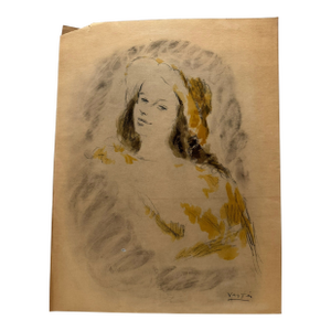 Mid 20th Century André Vertès Attributed Original Drawing Female Portrait Mixed Media on Paper