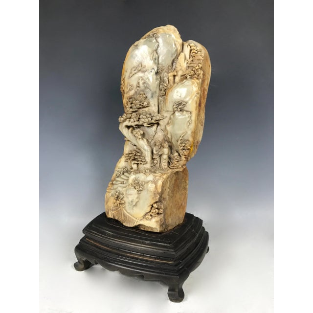 Chinese Large Carved Solid Soapstone Mountain Scenery With Wooden Base For Sale In New York - Image 6 of 11