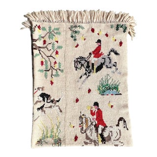 Vintage Hand Knitted and Embroidered English Hunting Scene Afghan Throw Blanket For Sale